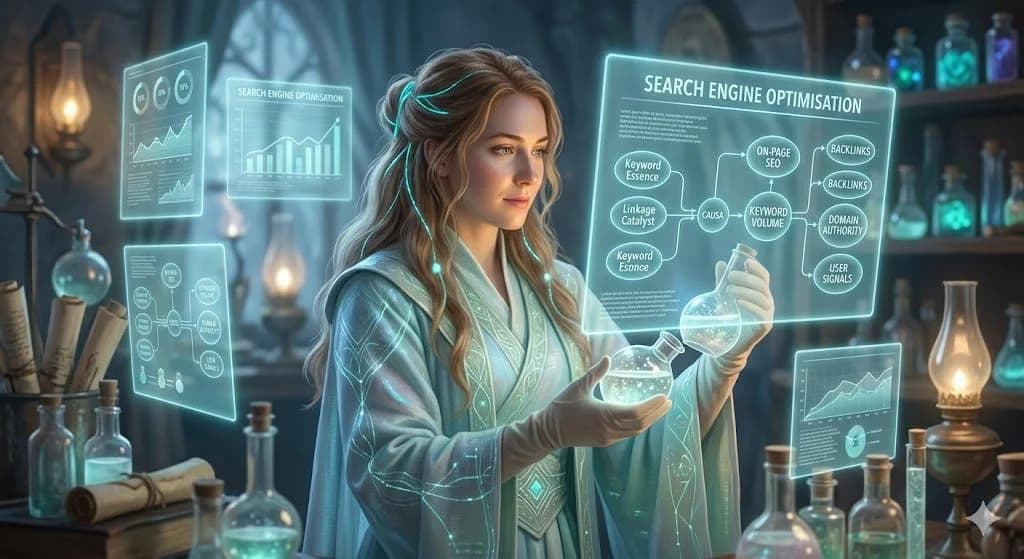 A close-up shot of an alchemist, her face lit by the soft glow of multiple floating holographic displays. She is mixing glowing, colorful liquids in beakers, and around her, translucent diagrams connect ingredients to 'search engine optimisation' metrics like "Keyword Volume" and "Domain Authority." The room is dimly lit, with soft, cool light emanating from the magical apparatus.