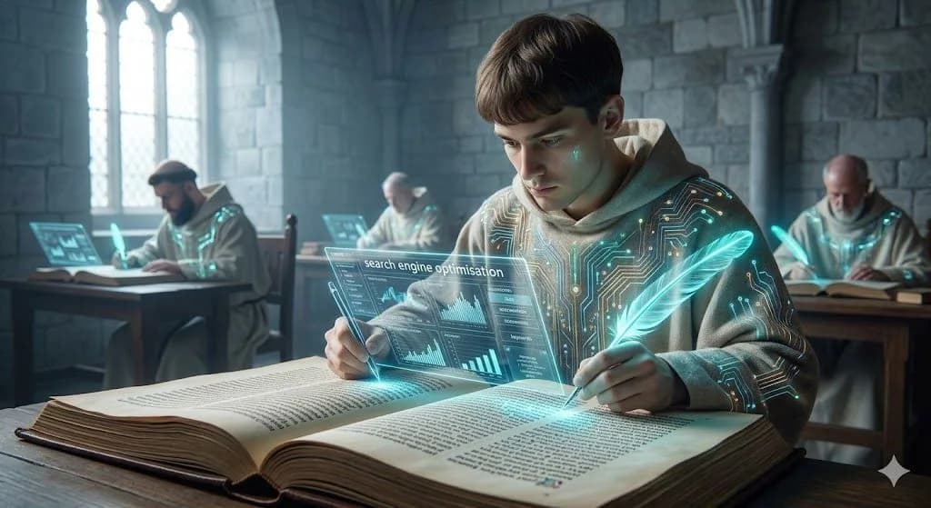A medieval monk, clad in a robe adorned with shimmering digital runes, meticulously illuminates a manuscript with a glowing stylus. Above the manuscript, holographic text and diagrams display search engine optimisation keywords and backlink structures. A soft, ethereal light from the manuscript illuminates the scribe's face.