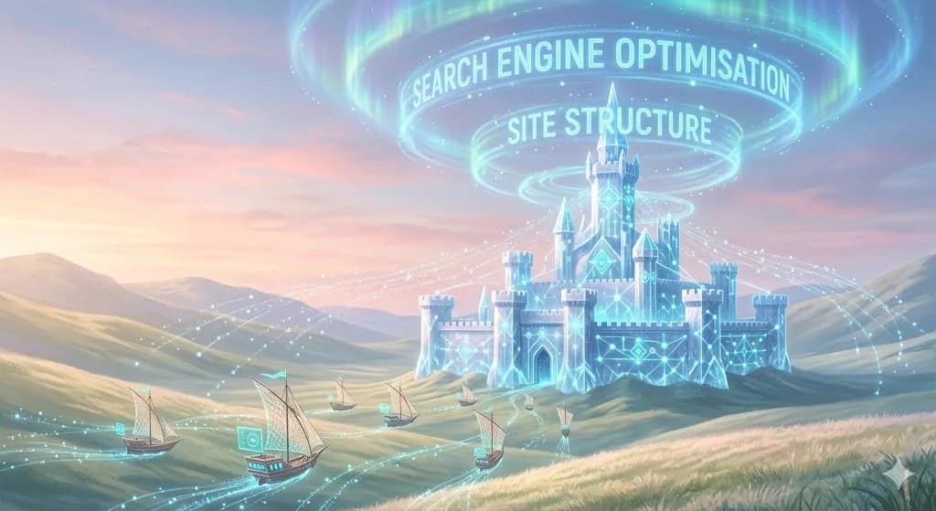A vast crystal castle with data streams spiralling overhead shows why SEO works as a System of connected signals rather than a collection of tactics.