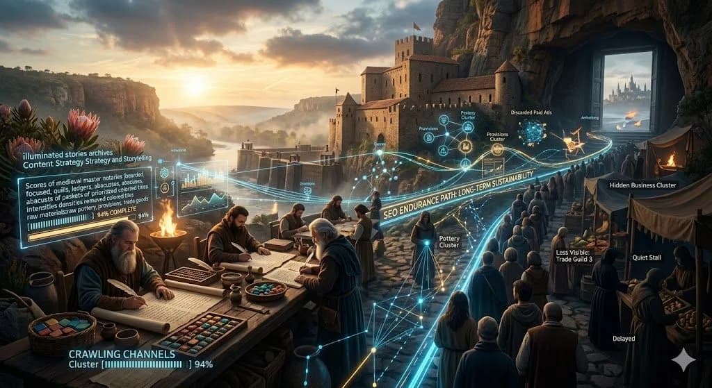 A medieval brewery blending ingredients in careful stages represents Content Strategy and Storytelling as a deliberate and well-structured creative process.