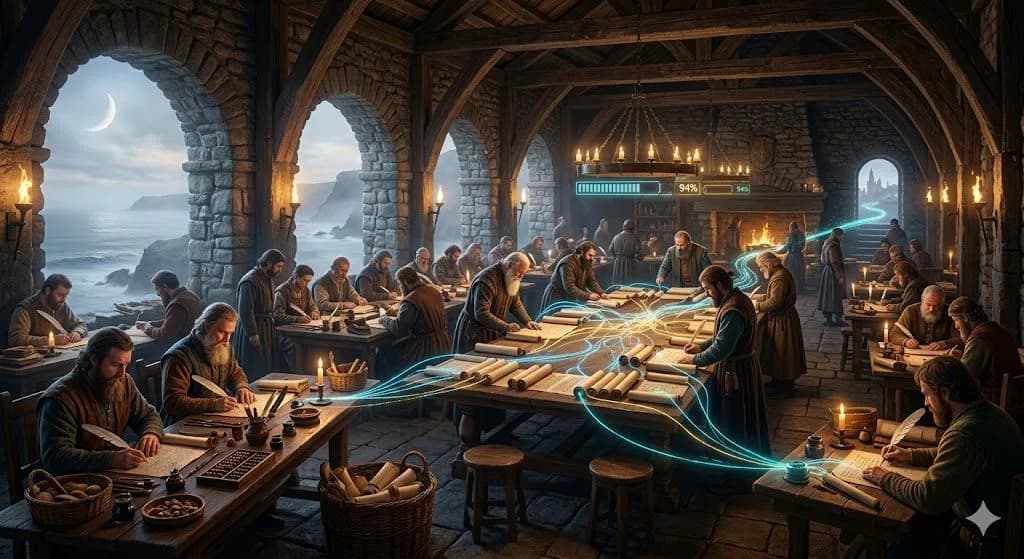 A medieval embroidery chamber creating one large tapestry illustrates Content Strategy and Storytelling as many connected pieces forming one message.
