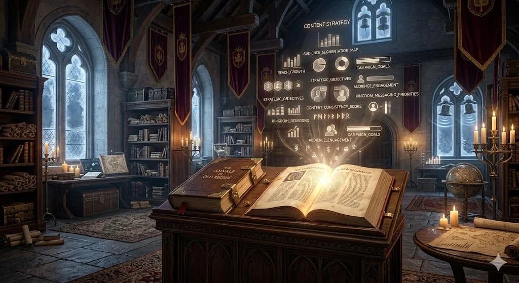 A medieval archive opening a new glowing volume at New Year symbolizes Content Strategy entering a fresh chapter.
