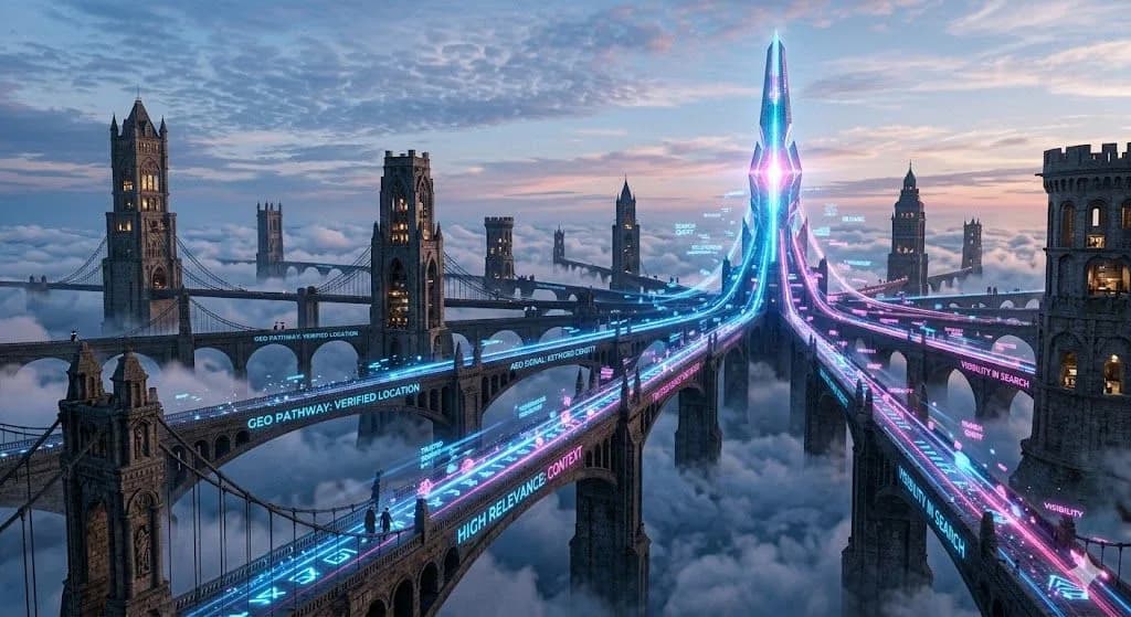 A medieval sky bridge network shows how GEO and AEO create trusted pathways that lead to visibility in AI search.