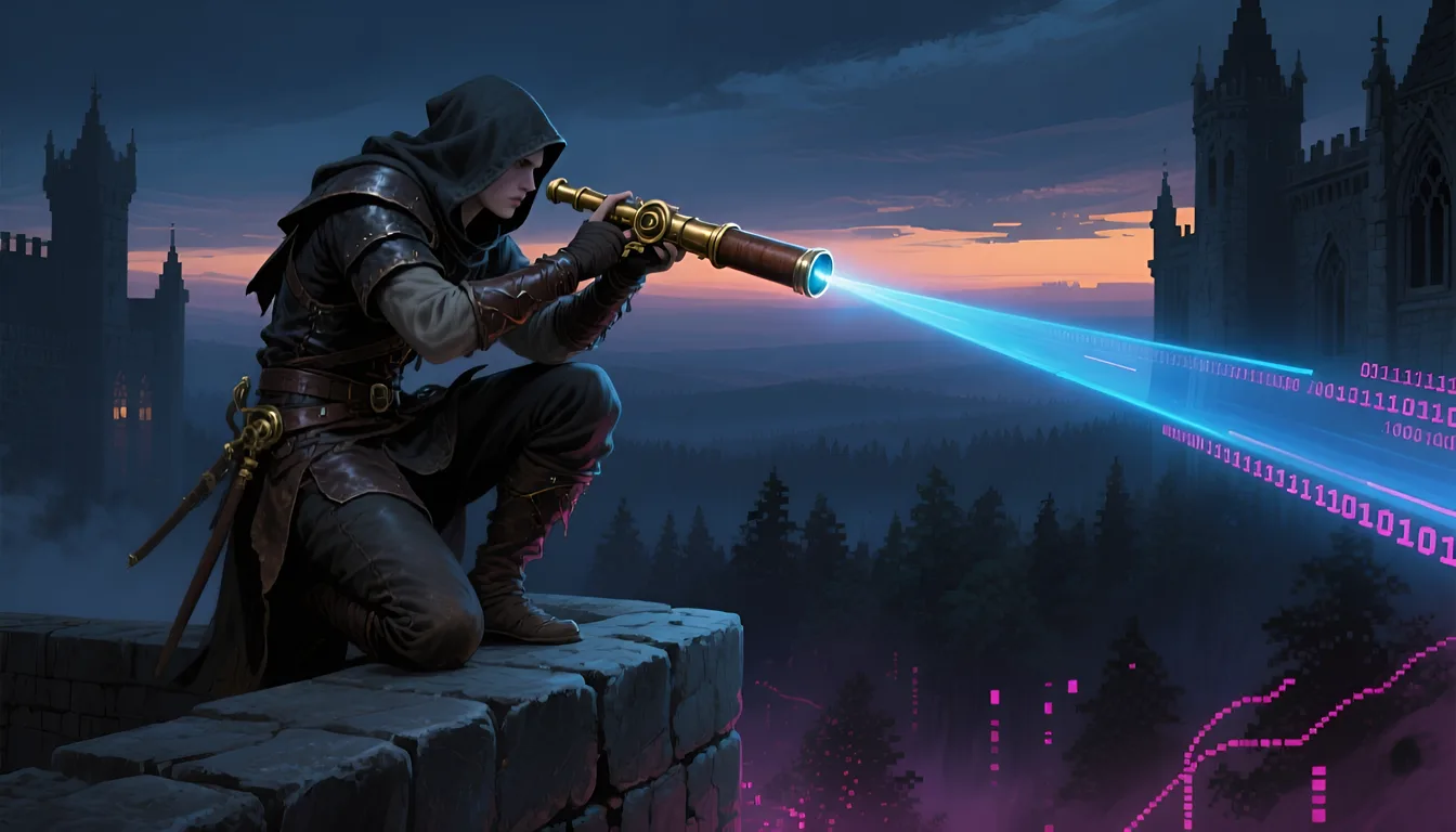 A crouched figure in a dark medieval hood and leather armor peers through an ornate brass spyglass while stationed on a stone castle wall. The spyglass projects a bright blue laser beam across a twilight sky toward a distant, dark gothic cathedral. Glowing digital binary code and data strings float along the path of the beam, transitioning down into neon pink graphs and pixelated glitches over a dark forest canopy below.