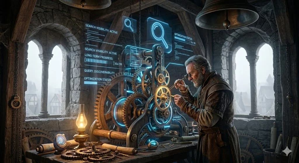 A medieval clockmaker adjusting slow-moving gears illustrates How Long SEO Really Takes to build momentum over time.