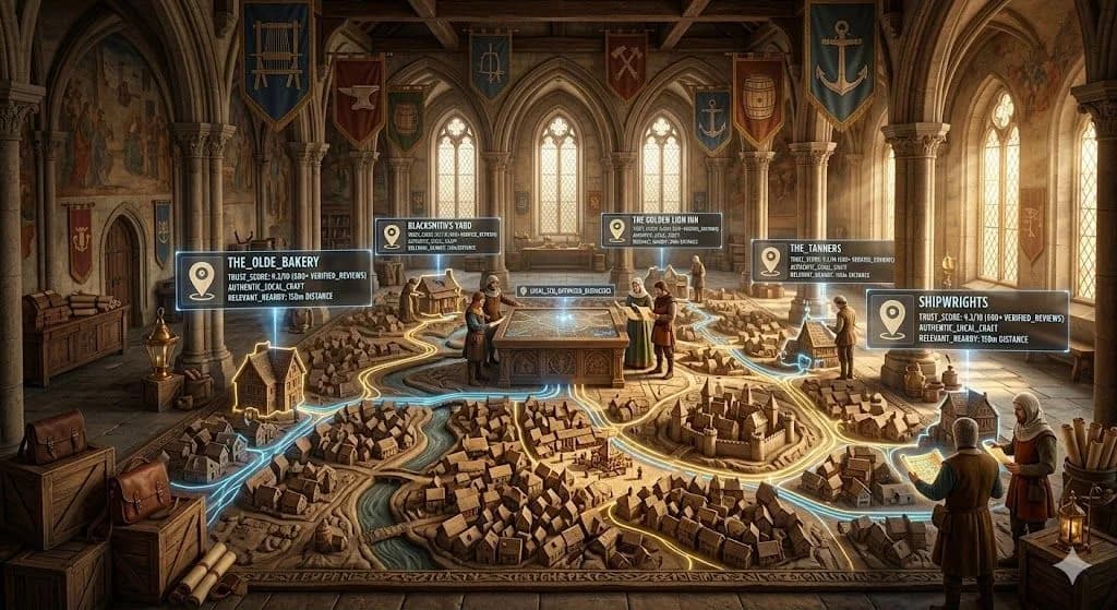 A carved village map with glowing routes to nearby shops represents how Local SEO guides people to relevant local businesses.