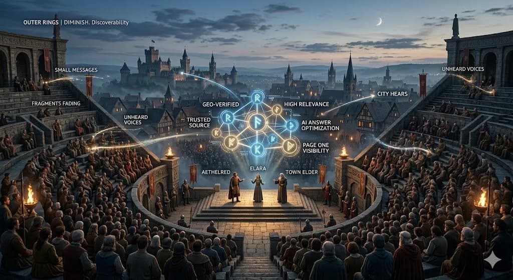 A medieval forum with the front platform amplified by glowing runes shows why page one visibility in AI search still matters for authority and reach.