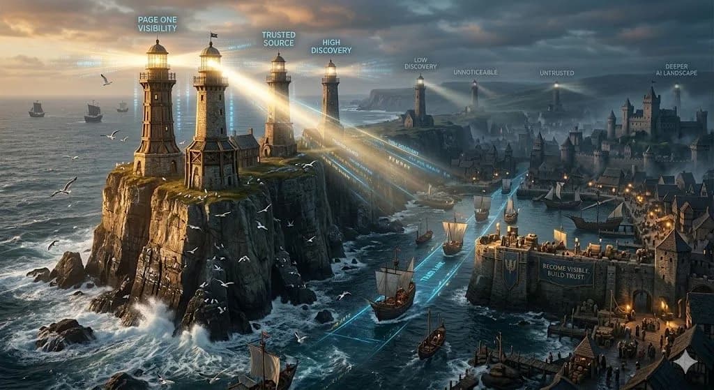 A medieval harbor cliff with the strongest beacons nearest the trade lanes shows why page one visibility in AI search still matters for discovery.