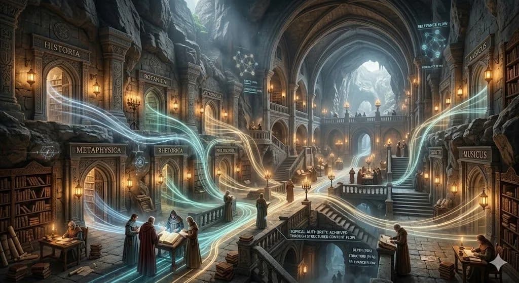A medieval cliffside archive with connected chambers shows how topical authority comes from depth, structure, and related topics.