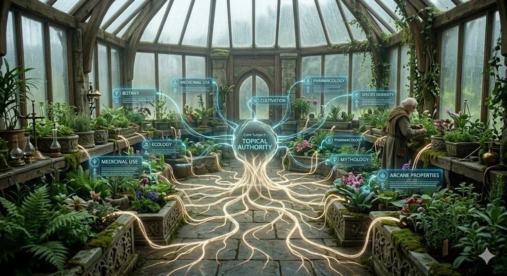A medieval greenhouse with one connected root system illustrates how topical authority grows from related content around a core theme.