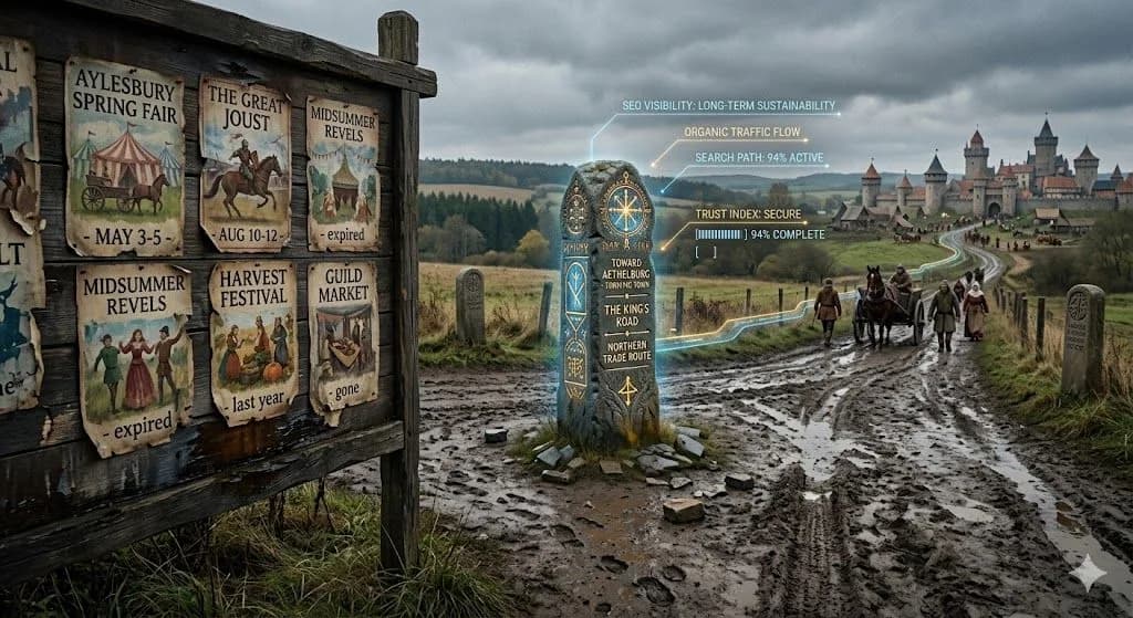 A medieval crossroads with fading posters and glowing stone markers shows how SEO can outperform traditional marketing for long-term visibility.