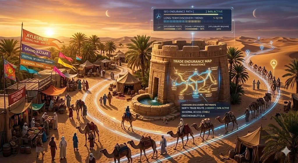 A medieval oasis with temporary festival flags and lasting stone maps shows why SEO can beat traditional marketing over time.
