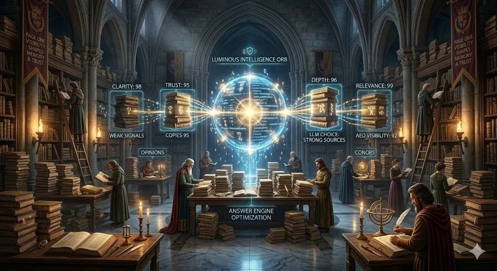 A medieval library sorting manuscripts by trust and relevance illustrates How large language models choose sources.