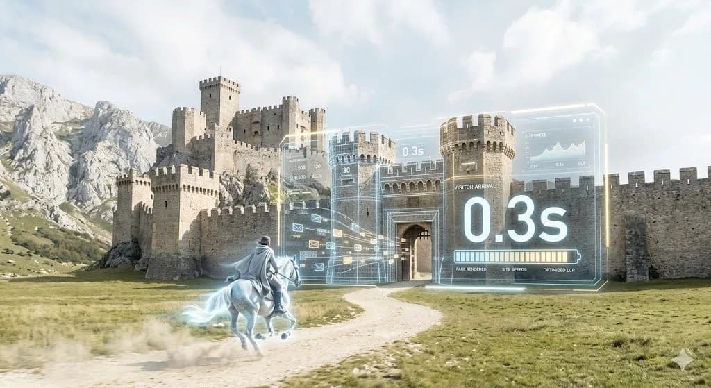 A spectral messenger arrives instantly at a medieval fortress, showing a 0.3-second site speed holographic timer on the gate