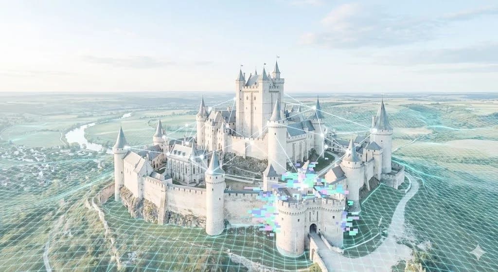 A high-resolution photo of a white medieval citadel at dawn, seen from above. The scene features a modern digital overlay, including a glowing cyan grid and faint, pastel data streams, representing a technical SEO audit of the fantasy infrastructure.