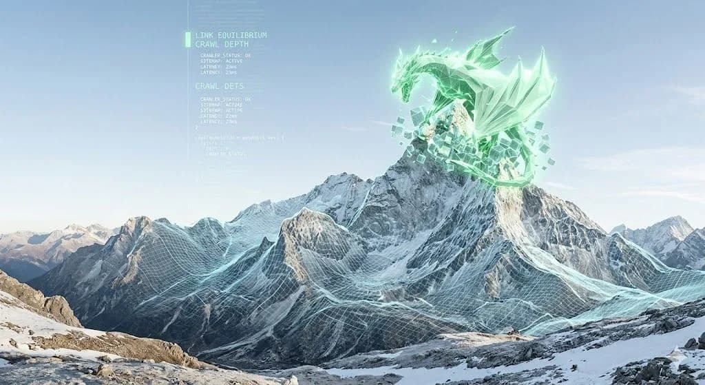A wide view of a snowy mountain peak with a glowing, light-green digital wyvern made of geometric data planes. A light-blue elevation mesh overlay highlights the landscape, with faint technical SEO data streams scrolling in the sky.