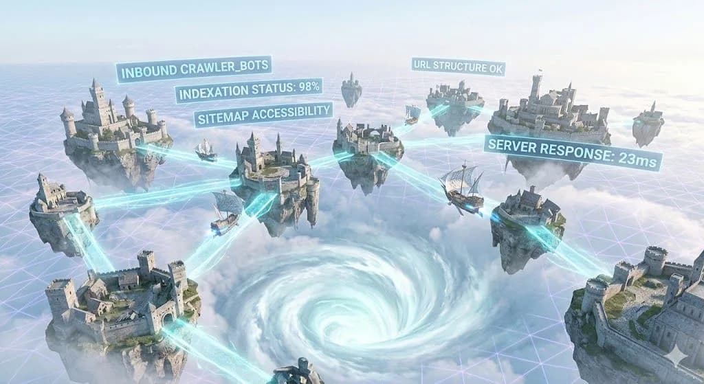 A high-altitude view of floating medieval islands under a pale sky. Translucent blue digital bridges and floating text blocks visualizing data, like 'INDEXATION STATUS: 98%,' represent a technical SEO audit of the magical infrastructure.