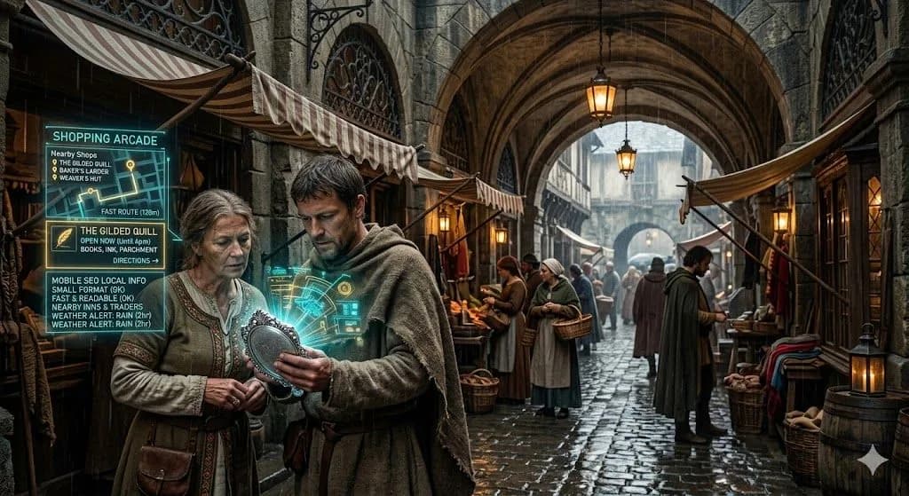 A medieval shopper using a glowing pocket mirror for shop details shows why mobile seo requires fast and readable information