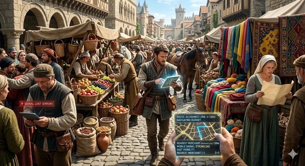 A medieval messenger using a glowing handheld slate in a busy market shows why mobile seo is critical for fast and easy visibility on the go.