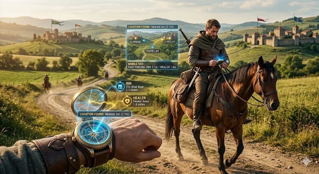 A medieval rider checking a glowing wrist compass illustrates why mobile seo matters for people searching while traveling.