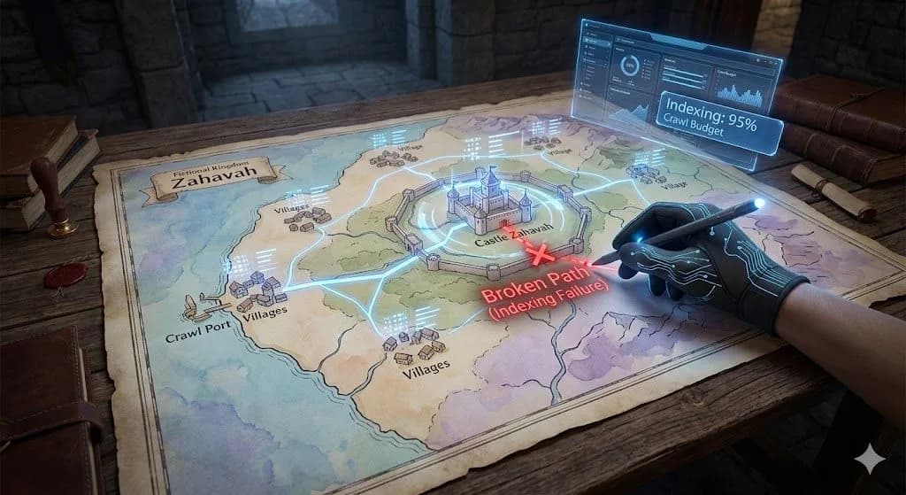 An ancient fantasy map of a kingdom overlaid with glowing digital data, showing a site audits diagnostic of crawl budget and indexing pathways.