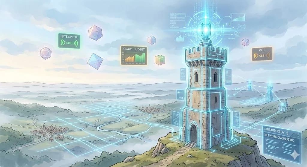 A wide view of a light-filled medieval watchtower projecting a modern digital beacon and data overlays, illustrating a site audits performance analysis.