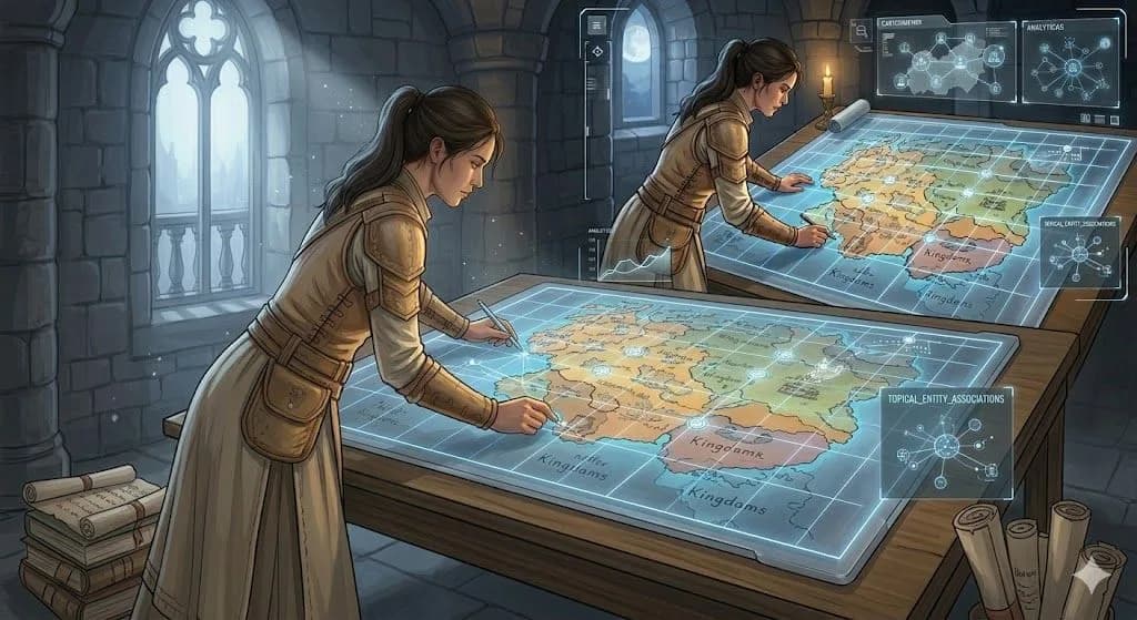 A medieval map being processed by a modern digital indexing grid to identify topical entities.