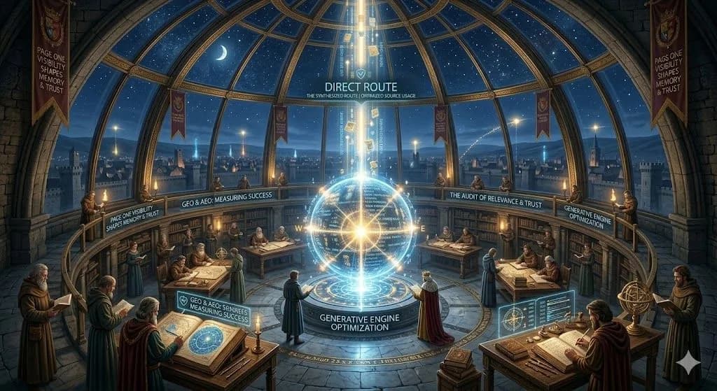 A medieval navigation dome turning scattered knowledge into a direct route illustrates generative engine optimisation for AI-driven answers.