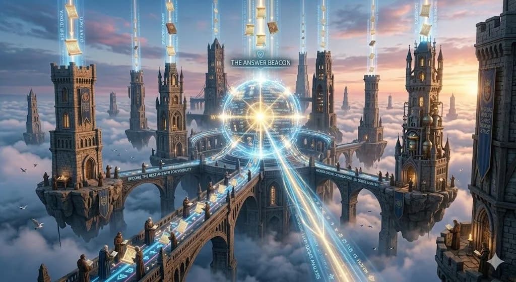 A medieval sky archive lifting manuscripts into glowing answer beams shows how generative engine optimisation supports AI visibility.