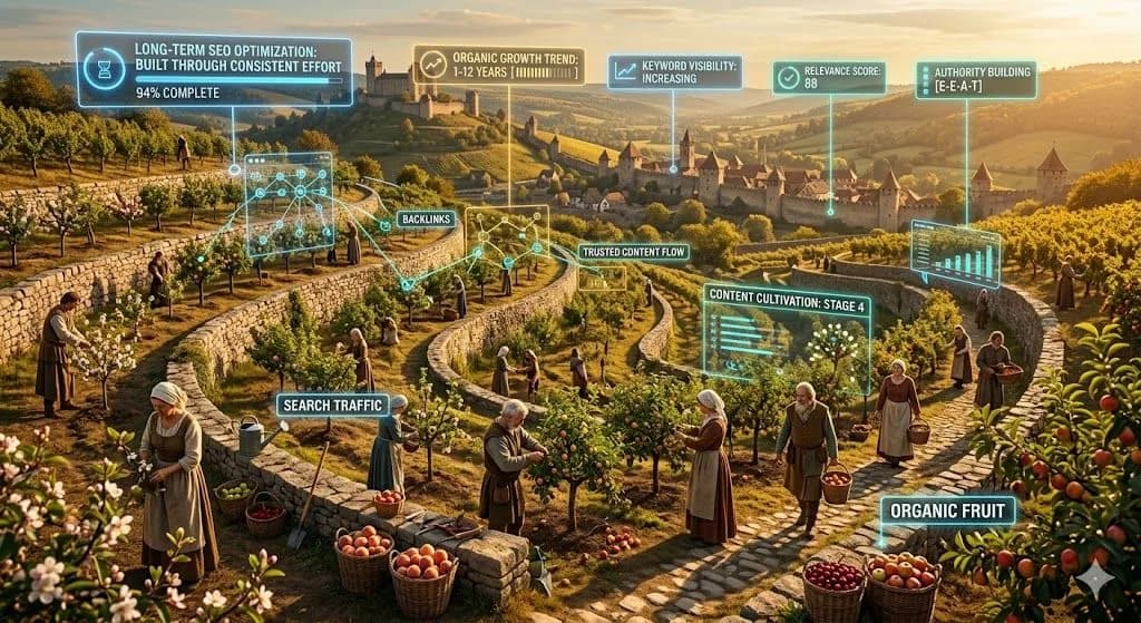 A medieval orchard growing over seasons represents how long-term SEO rewards patience instead of instant results.