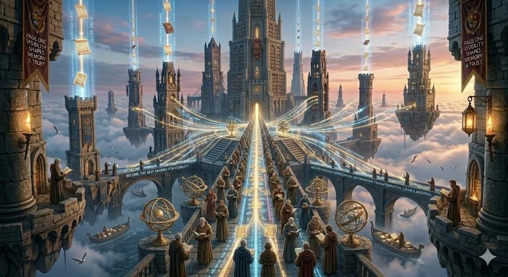 A medieval harbor lifting the clearest knowledge barges toward an answer lighthouse shows how AI-search optimisation improves content visibility in intelligent search.