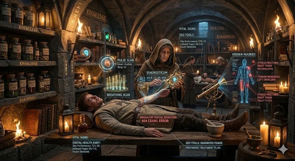 A medieval diagnostic library with glowing instruments shows how seo tools help businesses uncover issues and improve digital performance.