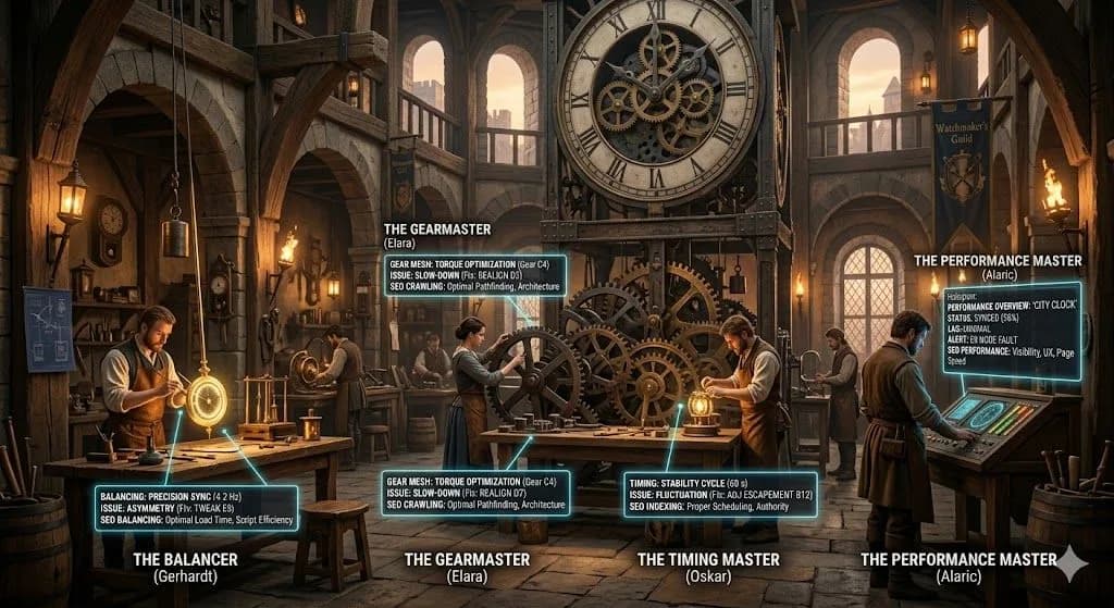 A medieval watchmaker's guild using many instruments illustrates how seo tools each help measure a different part of performance.