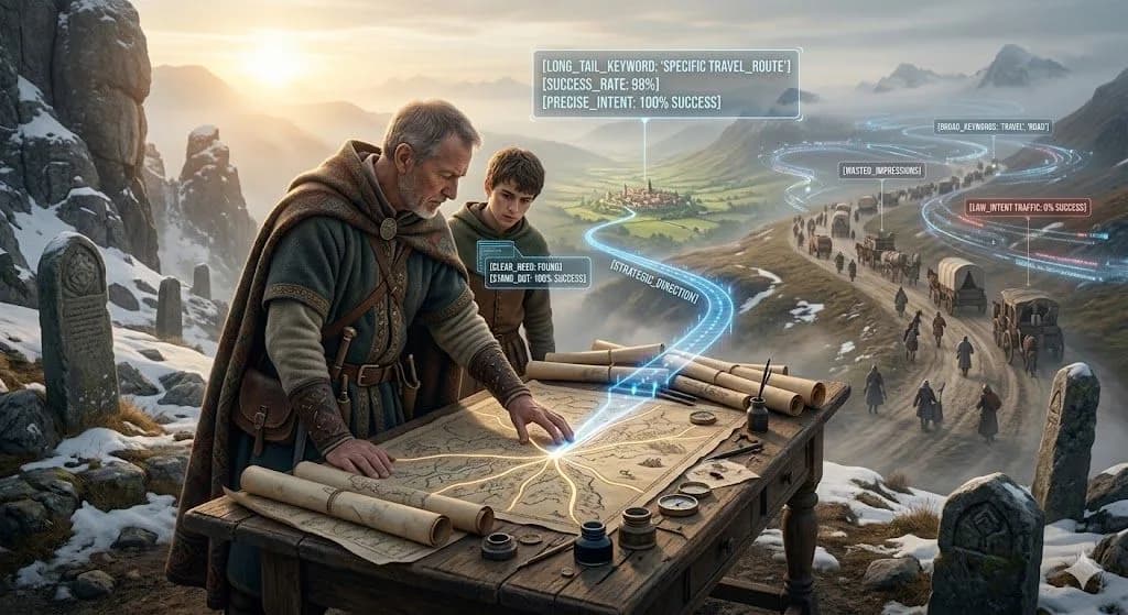 A medieval map vault highlighting one exact route shows how long-tail queries are chosen by AI based on specific intent.