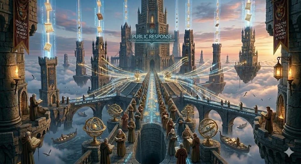 A medieval bridge of glowing topic and intent paths shows how AI is rewriting keyword research in 2026 beyond simple keyword lists.
