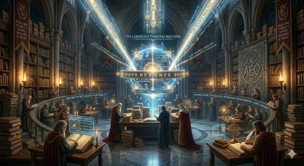 A medieval astronomer mapping glowing star clusters shows how AI keyword research tracks intent patterns across the web.