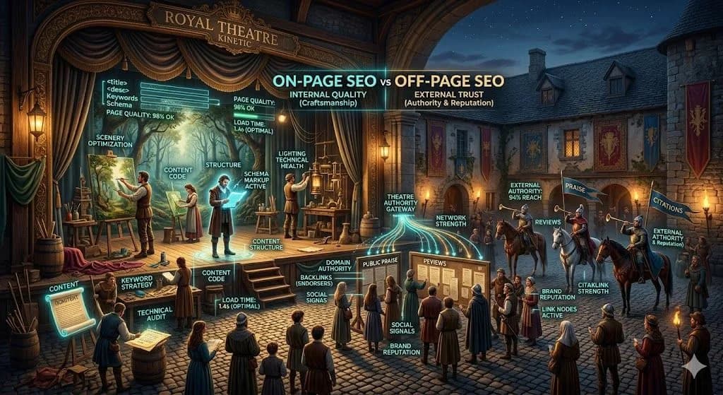 A medieval theater with preparation behind the curtain and praise outside shows how On-Page SEO vs Off-Page SEO works through both quality and reputation
