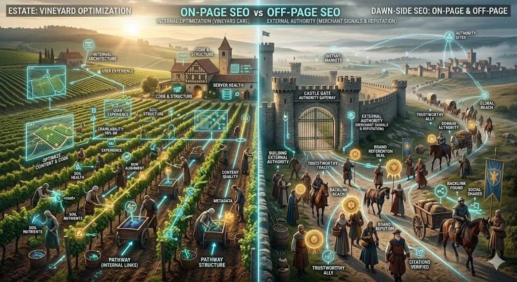 A medieval vineyard cared for inside its walls while endorsements spread outside represents On-Page SEO vs Off-Page SEO.