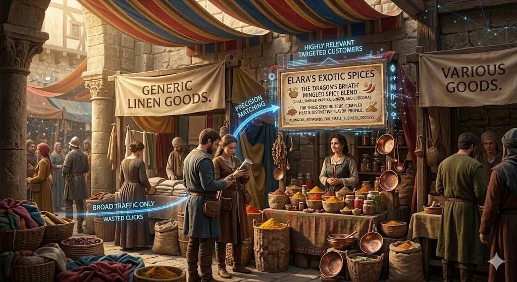 A medieval spice stall using a specific detailed sign illustrates how long-tail keywords help small businesses attract more relevant customers.