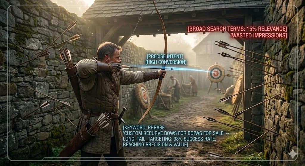 A medieval archer hitting a small distant target shows how long-tail keywords help small businesses reach more precise search intent.