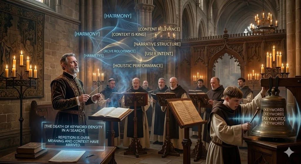 A medieval choir focused on harmony instead of one repeated note illustrates why keyword repetition matters less in AI search.