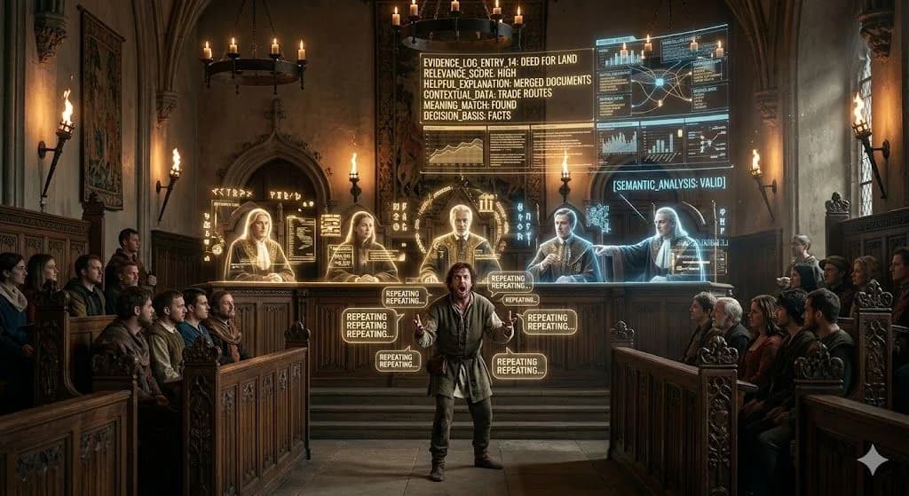 A medieval courtroom ignoring repeated words and focusing on evidence shows why Keyword density no longer drives success in AI search.