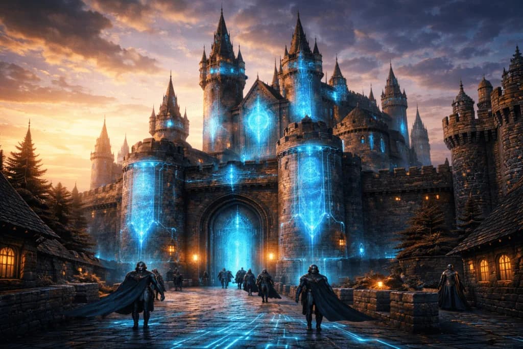 uturistic medieval castle with glowing blue interface details symbolizing site monitoring, indexing, and webmaster insights in Bing Webmaster Tools.