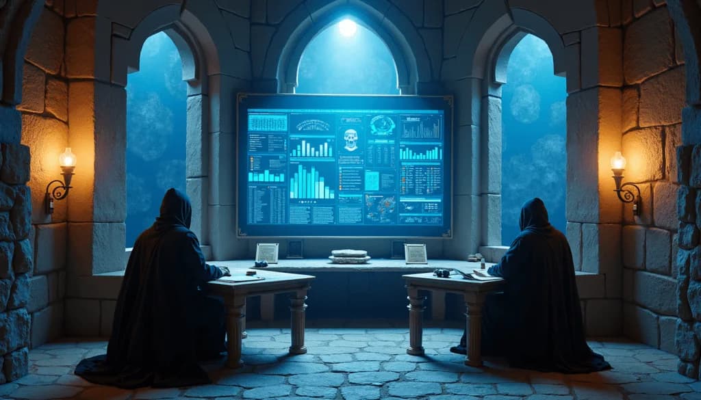 Medieval-inspired analytics room with two cloaked figures studying a glowing dashboard that represents GA4 vs Microsoft Clarity data comparison.