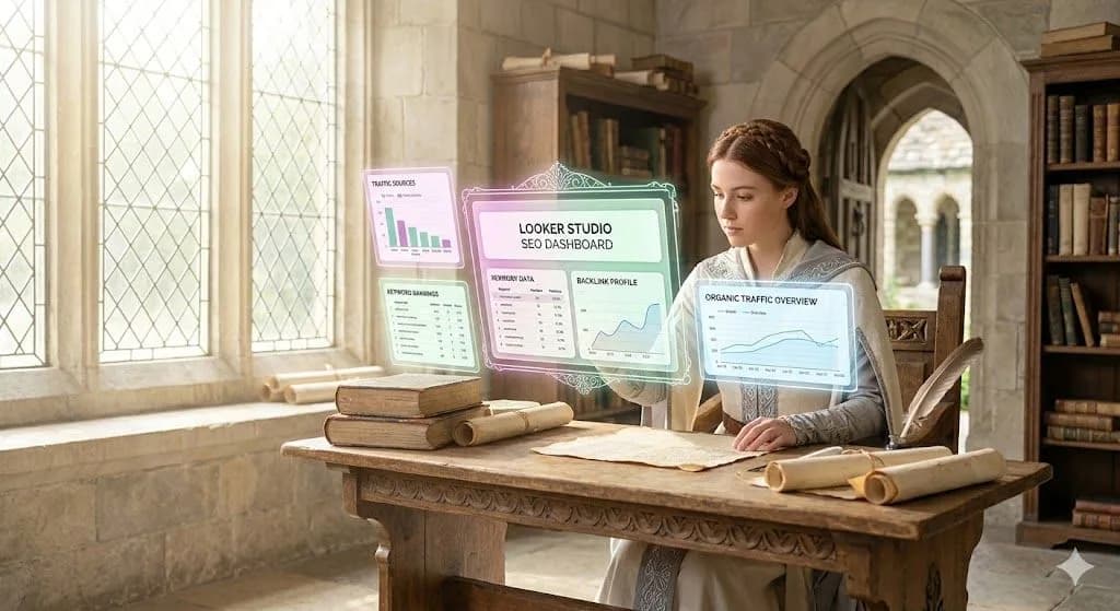 A sorceress analyzing data from a floating Looker Studio SEO Dashboard in a bright, ancient scriptorium.