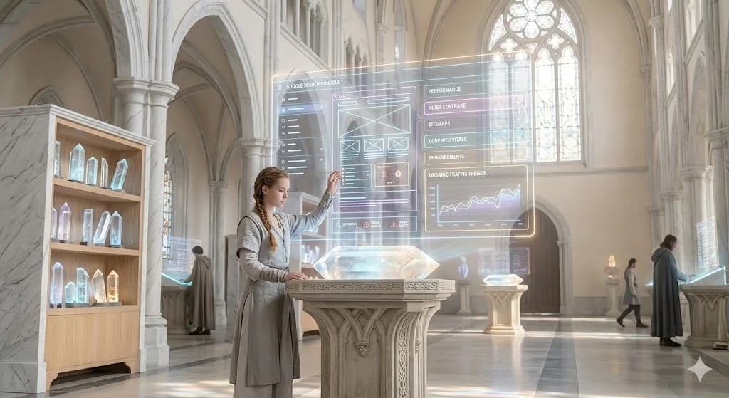 A medieval scholar analyzes website data on a futuristic holographic projection resembling Google Search Console, demonstrating digital index tracking in a fantasy setting.