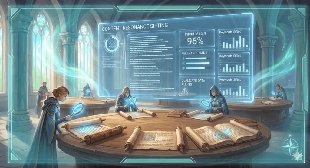 This detailed fantasy photograph is set in a sunlit, large medieval guildhall scriptorium, defined by light blue-teal stone pillars and large, light-filled windows. The scene maintain's image_5.png's palette. Several robed guild researchers, like Seraphina, use glowing blue magical magnifiers to examine old texts on a massive, round wooden table. A vast, transparent holographic blue interface overlay, like image_5.png's, floats in the background, displaying white data text and flow charts labeled 'CONTENT RESONANCE SIFTING' and metric labels like 'Intent Match 96%' and 'RELEVANCE RANK'. Glowing text charts indicate 'Keywords Sifted'. Soft, light blue and teal energy fills the space, created as a visualization for Small Business SEO.