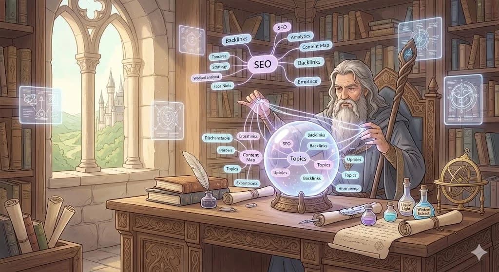 A wise fantasy wizard in his tower, using a magical holographic projector to create an intricate mind map of keywords and topics for strategic SEO content planning.