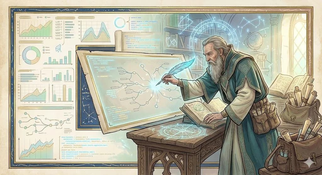 A fantasy alchemist analyzing data on an illuminated manuscript with modern digital overlays, illustrating content strategy and data analysis for SEO.