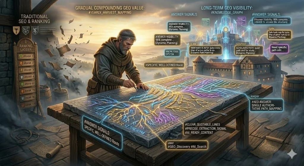 A monk carving a glowing path map into stone beside discarded scrolls, a picture of the cost of cheap SEO